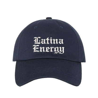 Navy baseball hat embroidered with the phrase latina energy in old english letters-DSY Lifestyle