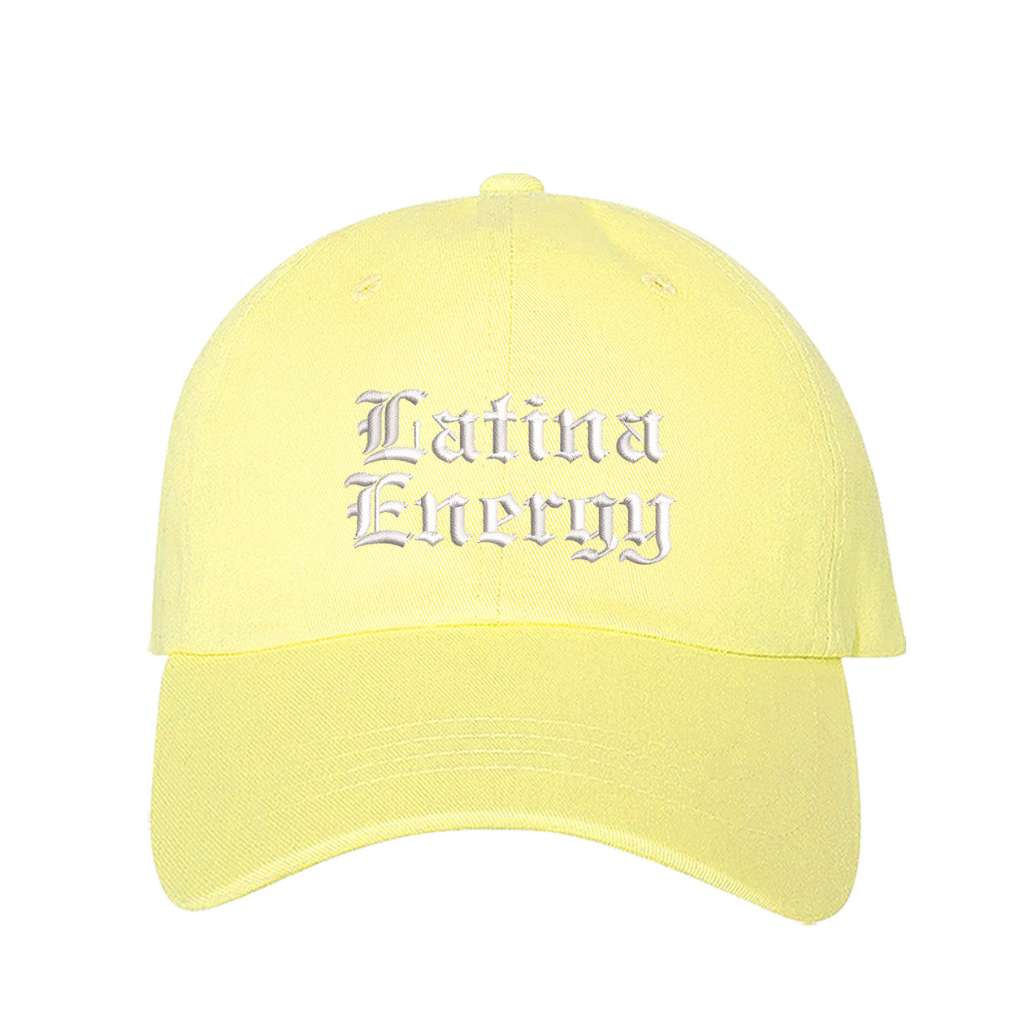 Soft Yellow baseball hat embroidered with the phrase latina energy in old english letters-DSY Lifestyle