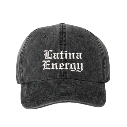 Washed Black baseball hat embroidered with the phrase latina energy in old english letters-DSY Lifestyle