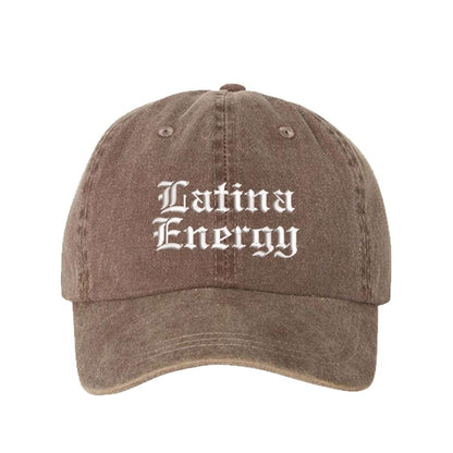 Washed Brown baseball hat embroidered with the phrase latina energy in old english letters-DSY Lifestyle