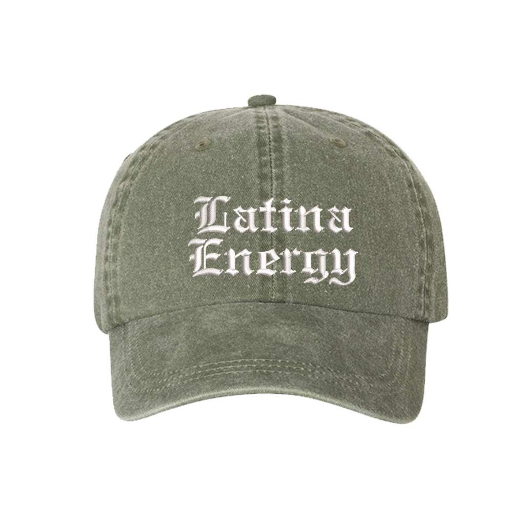 Washed Olive baseball hat embroidered with the phrase latina energy in old english letters-DSY Lifestyle