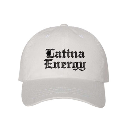 White baseball hat embroidered with the phrase latina energy in old english letters-DSY Lifestyle