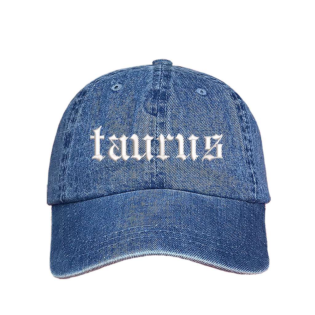Light denim baseball hat embroidered with the word taurus in english writing on it-DSY Lifestyle