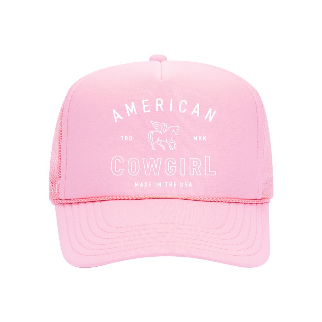 Light pink foam trucker hat embroidered with the phrase american cowgirl on it- DSY Lifestyle