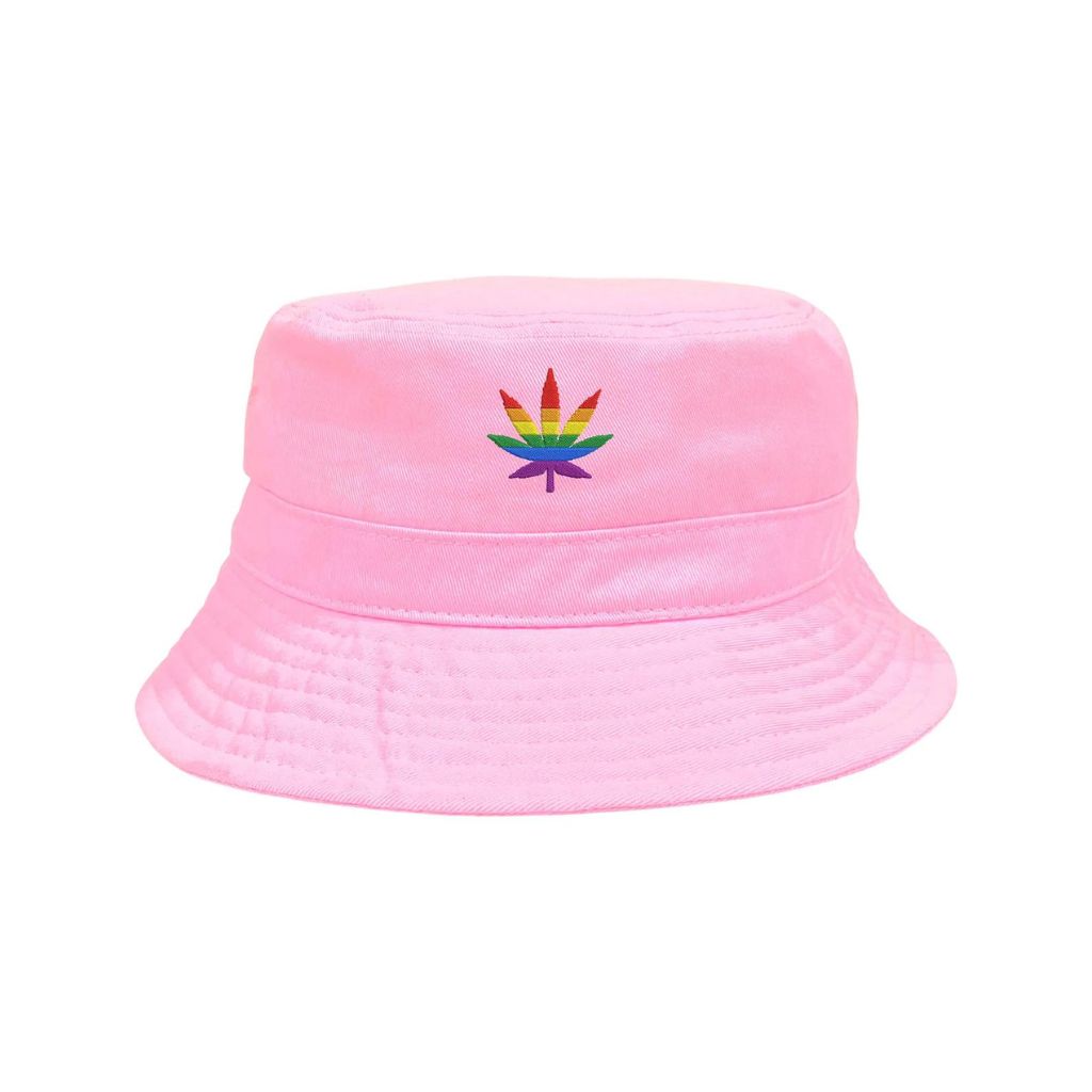 Light pink bucket hat embroidered with pride flag in shape of weed leaf-DSY Lifestyle