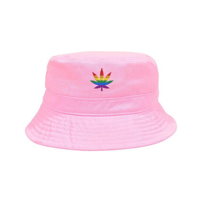 Light pink bucket hat embroidered with pride flag in shape of weed leaf-DSY Lifestyle