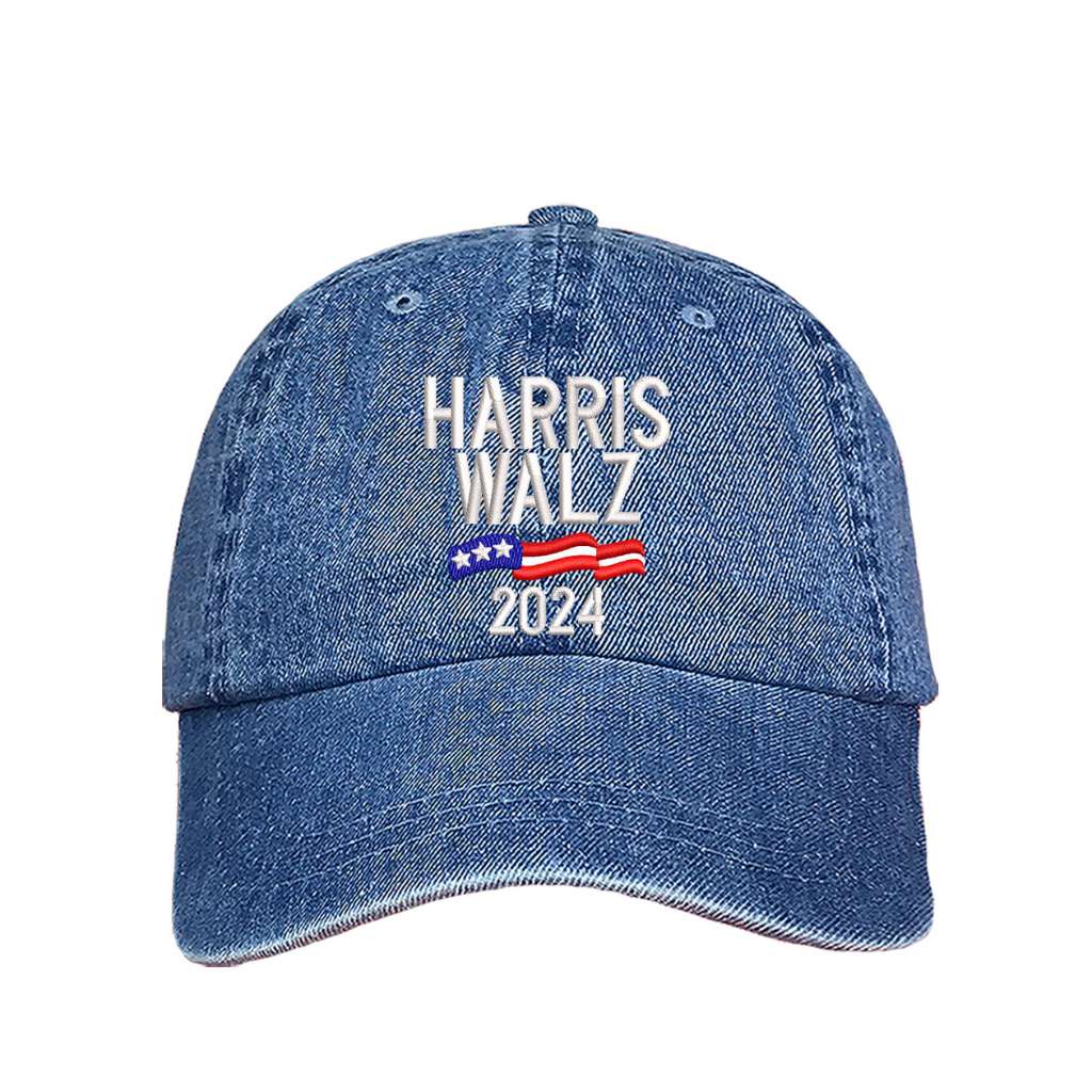 Light Denim baseball hat embroidered with the phrase harris walz-DSY Lifestyle