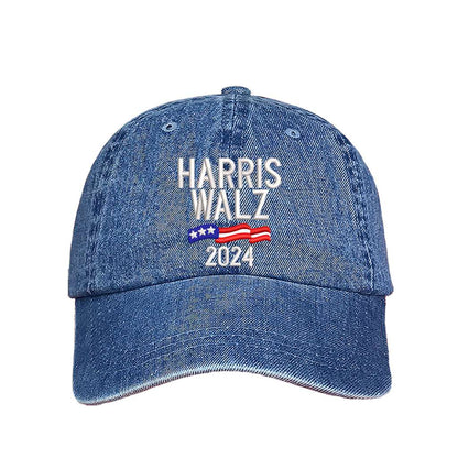 Light Denim baseball hat embroidered with the phrase harris walz-DSY Lifestyle