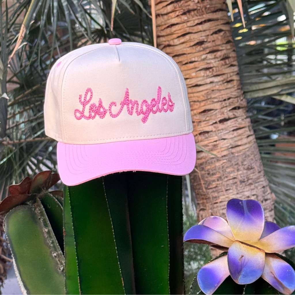 Natural with pink bill baseball cap embroidered with Los Angeles in Pink chain link thread - DSY Lifestyle