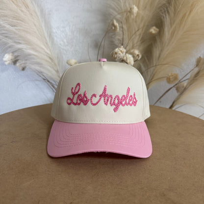 Natural and pink bill stylish Los Angeles Chain Stitch 5-Panel Two-Tone Baseball Hat featuring premium chain-stitch embroidery, a curved brim, and an adjustable strap for a comfortable fit - DSY Lifestyle