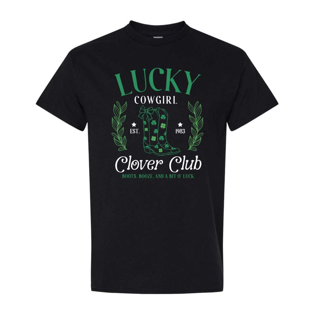 Woman wearing a black color unisex shirt with Lucky Cowgirl with boots clover club for St Patricks Day - DSY Lifestyle