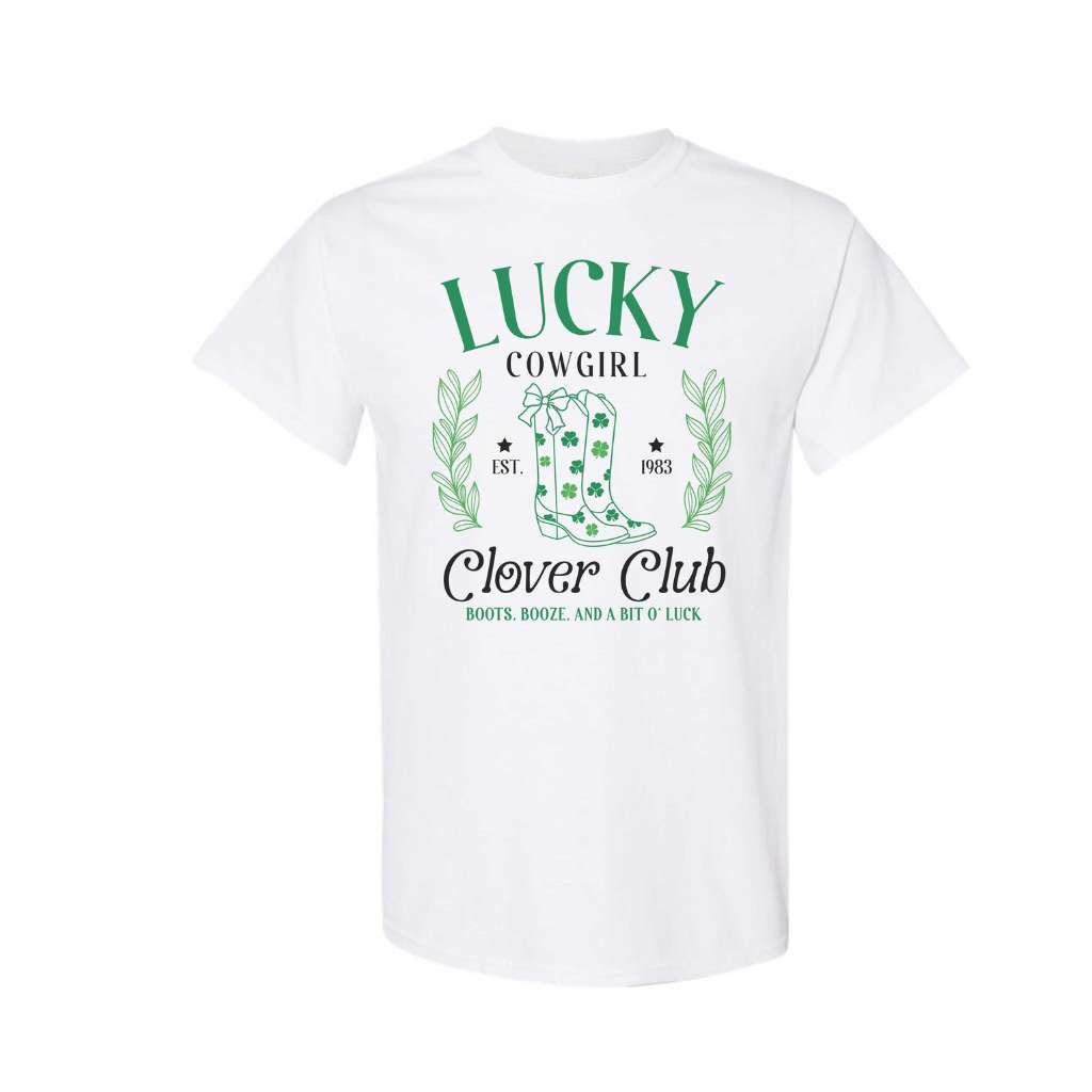 Woman wearing a white color unisex shirt with Lucky Cowgirl with boots clover club for St Patricks Day - DSY Lifestyle