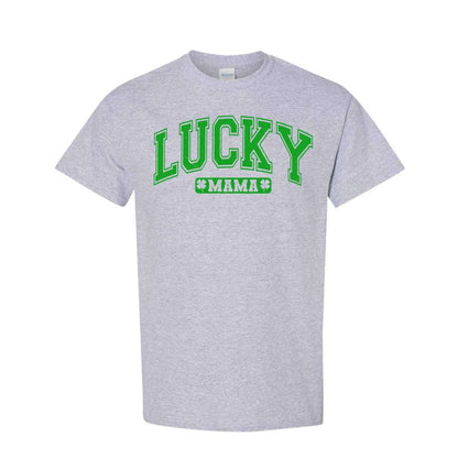 heather gray tshirt printed with lucky Mama for St Patricks Day - DSY Lifestyle