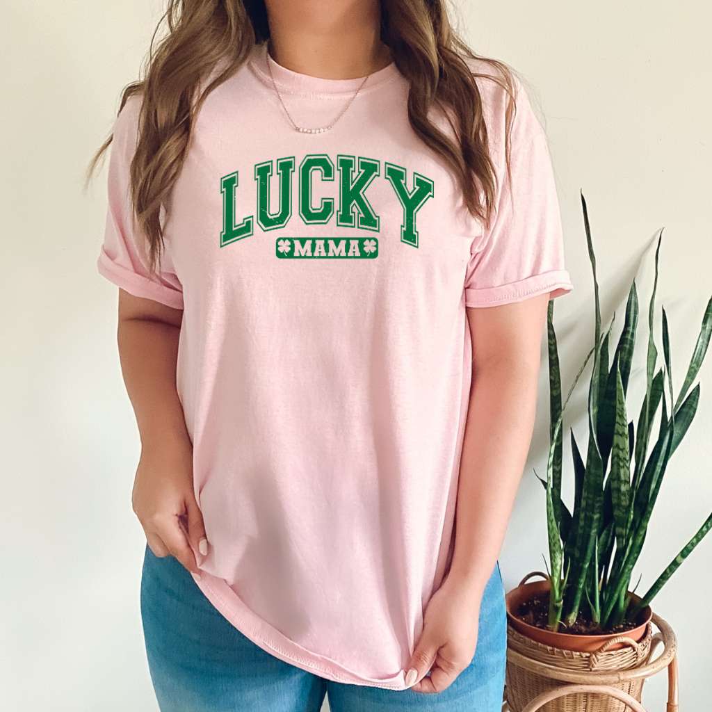 Women Wearing a Pink tshirt printed with lucky Mama for St Patricks Day - DSY Lifestyle