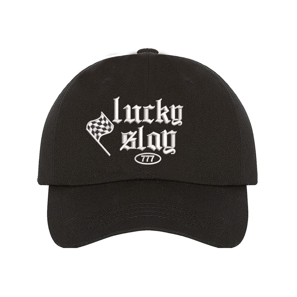 Black baseball hat embroidered with the phrase lucky slay-DSY Lifestyle