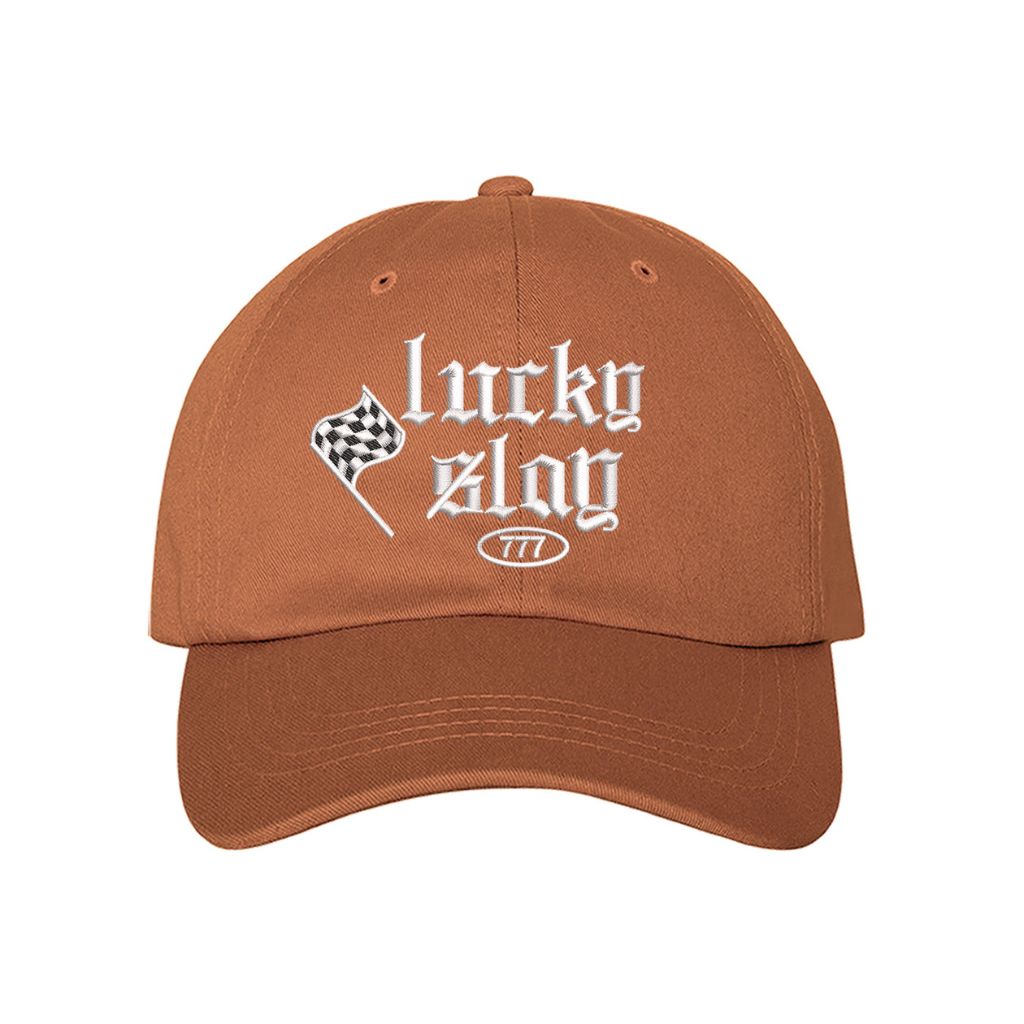 Burnt Orange baseball hat embroidered with the phrase lucky slay-DSY Lifestyle