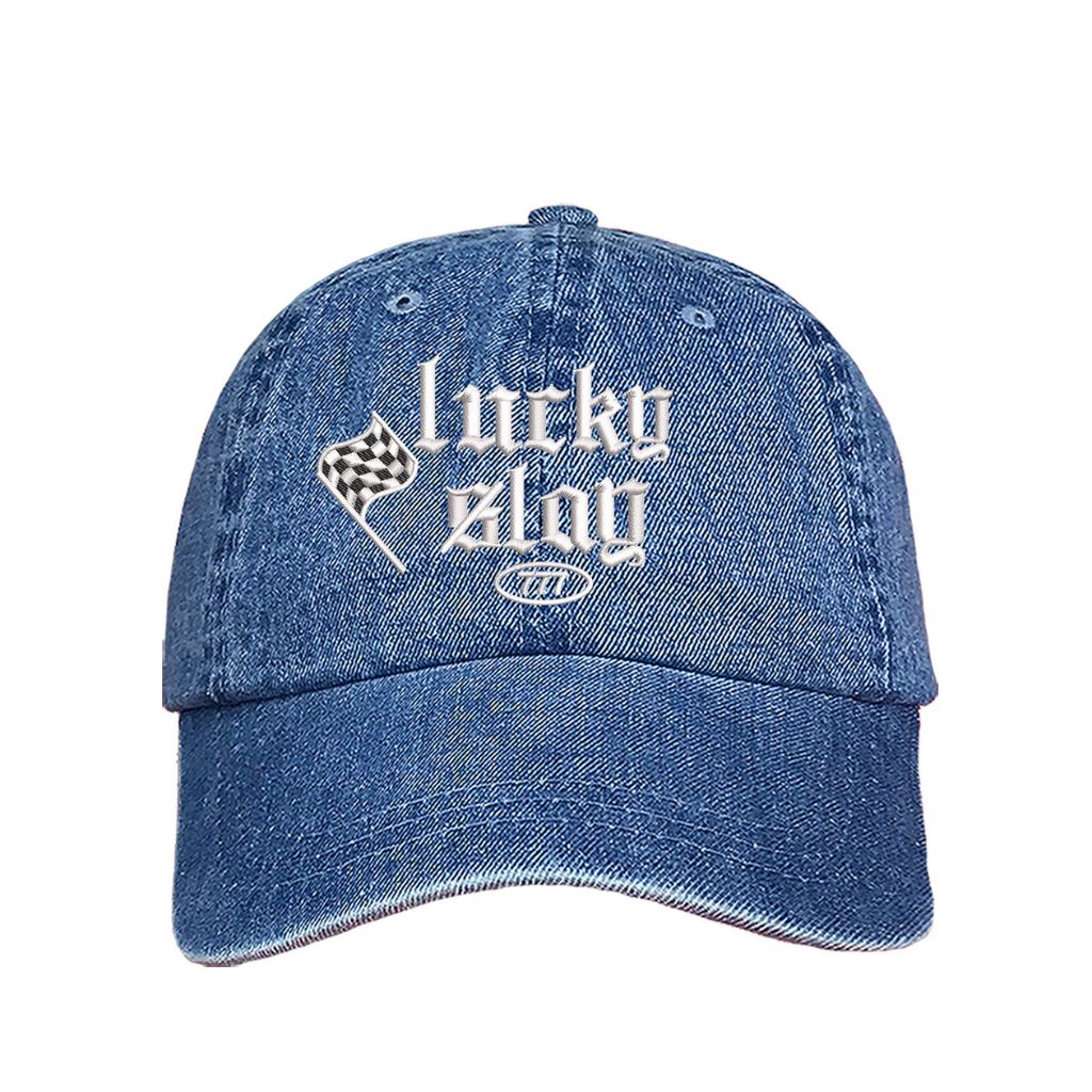 Light Denim baseball hat embroidered with the phrase lucky slay-DSY Lifestyle