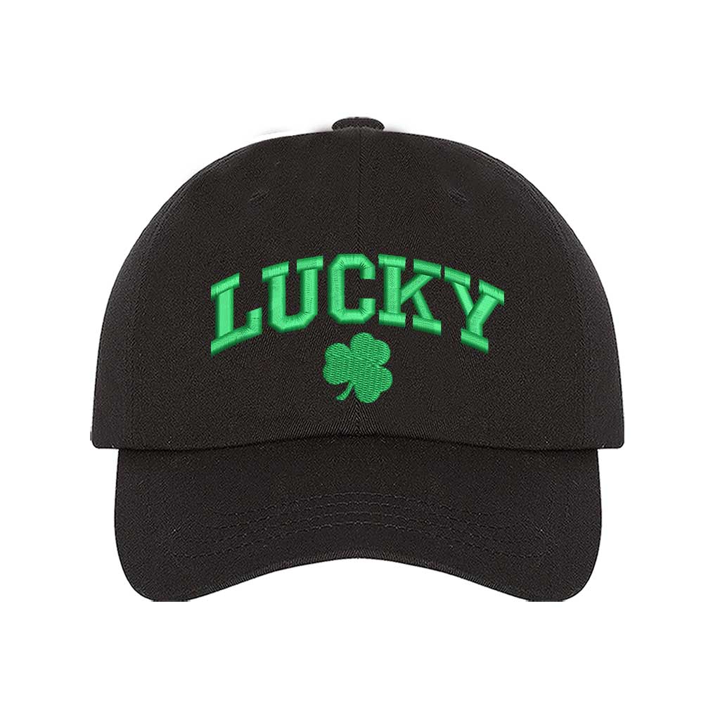 Black baseball hat embroidered with the phrase lucky and a four leaf clover-DSY Lifestyle