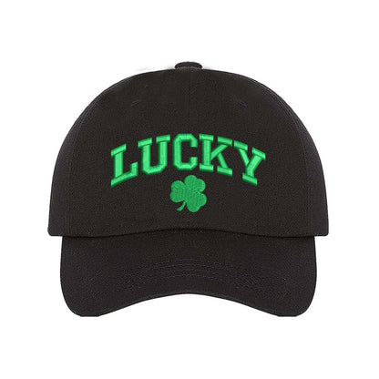 Black baseball hat embroidered with the phrase lucky and a four leaf clover-DSY Lifestyle