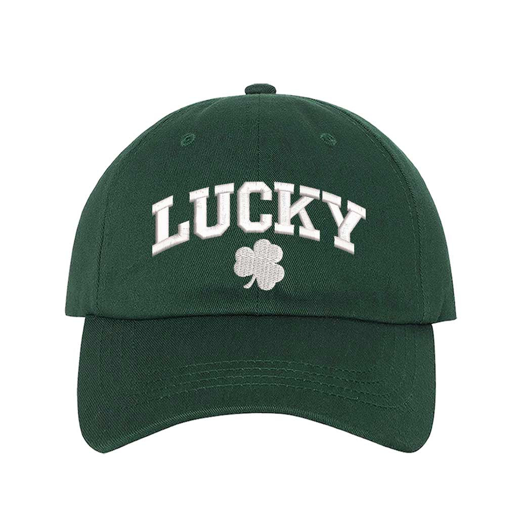 Forest Green baseball hat embroidered with the phrase lucky and a four leaf clover-DSY Lifestyle