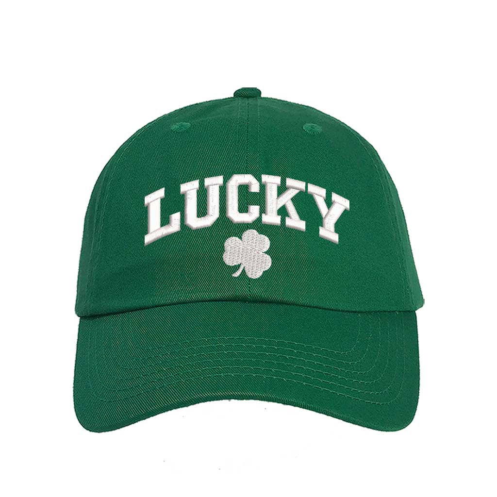 Kelly green baseball hat embroidered with the phrase lucky and a four leaf clover-DSY Lifestyle