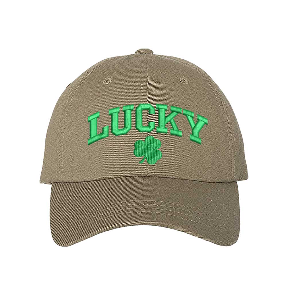 Khaki baseball hat embroidered with the phrase lucky and a four leaf clover-DSY Lifestyle