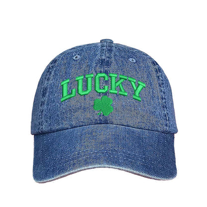 Light Denim baseball hat embroidered with the phrase lucky and a four leaf clover-DSY Lifestyle