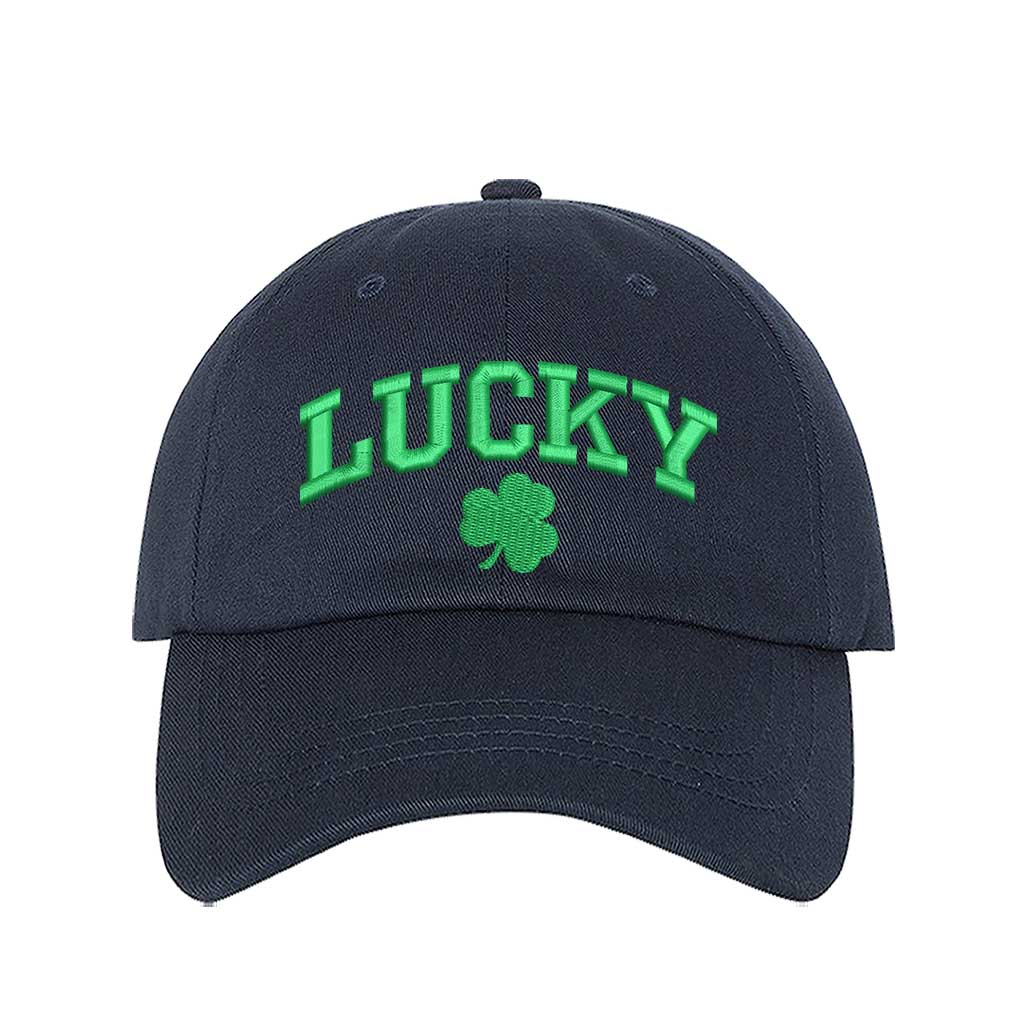 Navy baseball hat embroidered with the phrase lucky and a four leaf clover-DSY Lifestyle