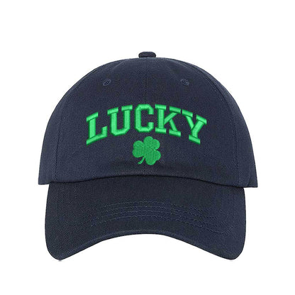 Navy baseball hat embroidered with the phrase lucky and a four leaf clover-DSY Lifestyle