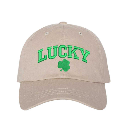 Stone baseball hat embroidered with the phrase lucky and a four leaf clover-DSY Lifestyle