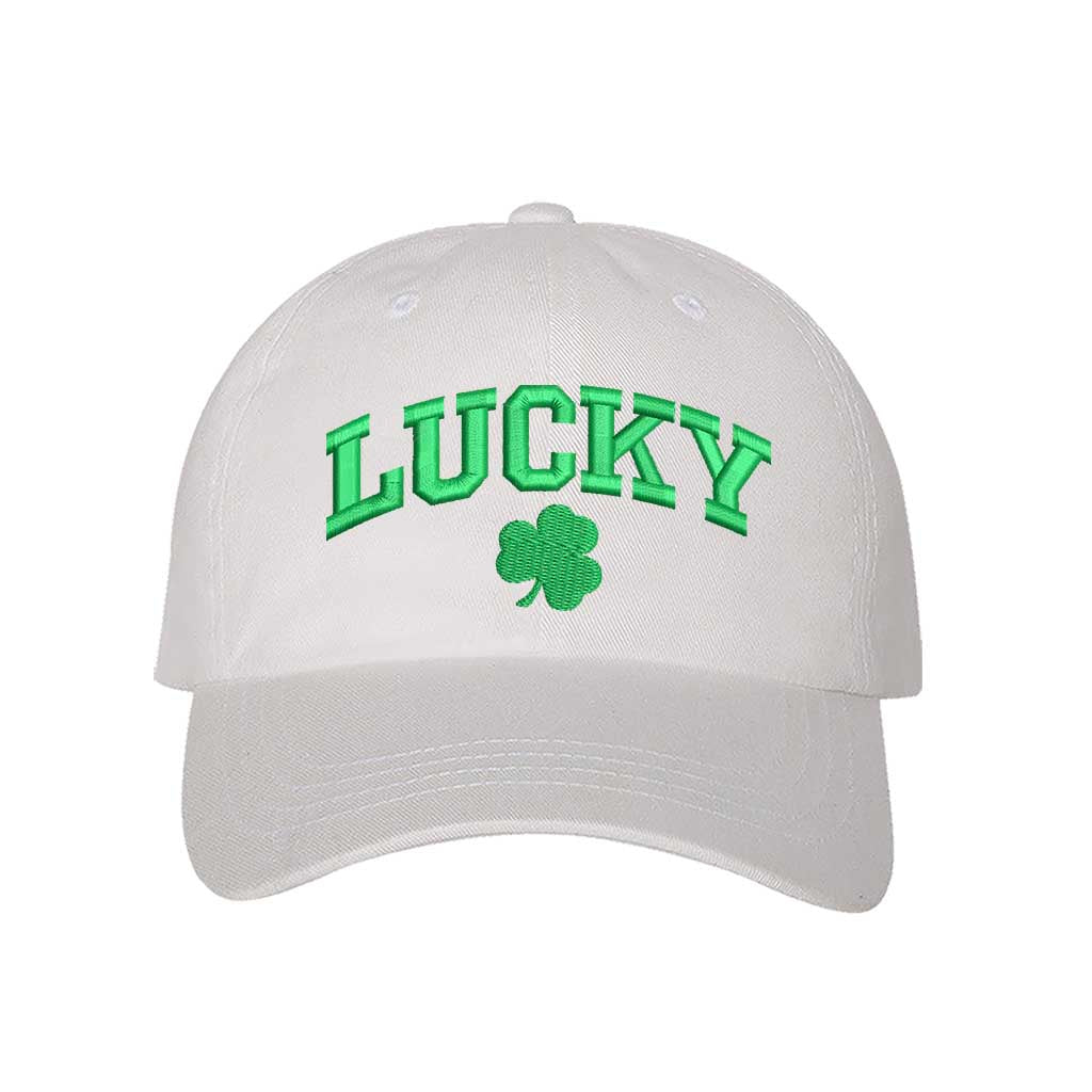 White baseball hat embroidered with the phrase lucky and a four leaf clover-DSY Lifestyle