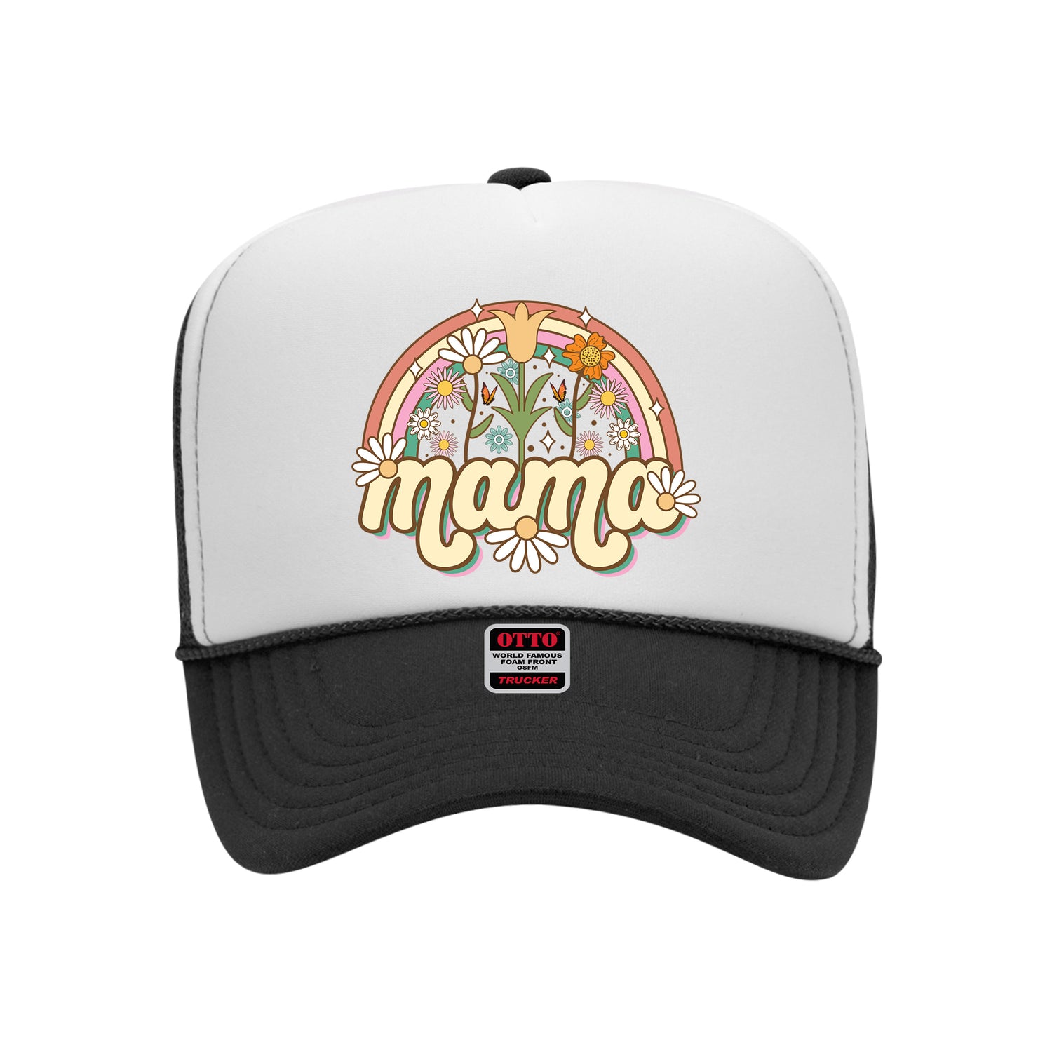 Black foam trucker hat with white front panel printed with mama spring on it-DSY Lifestyle