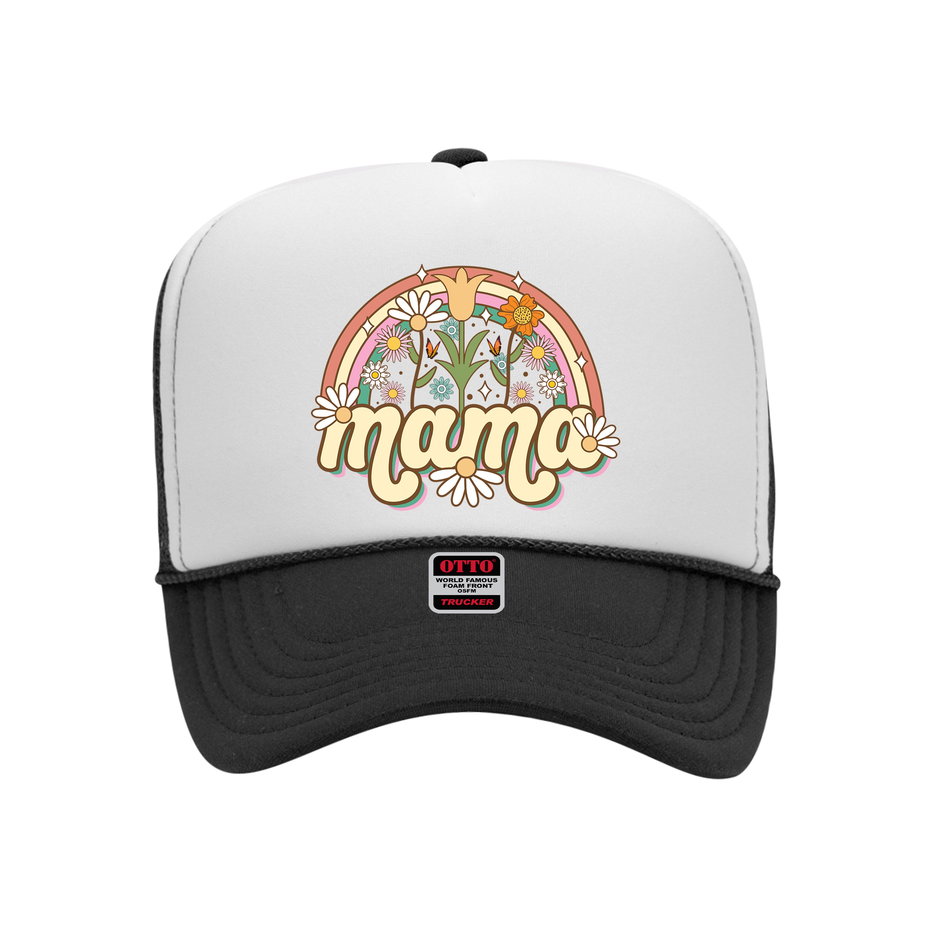 Black foam trucker hat with white front panel printed with mama spring on it-DSY Lifestyle