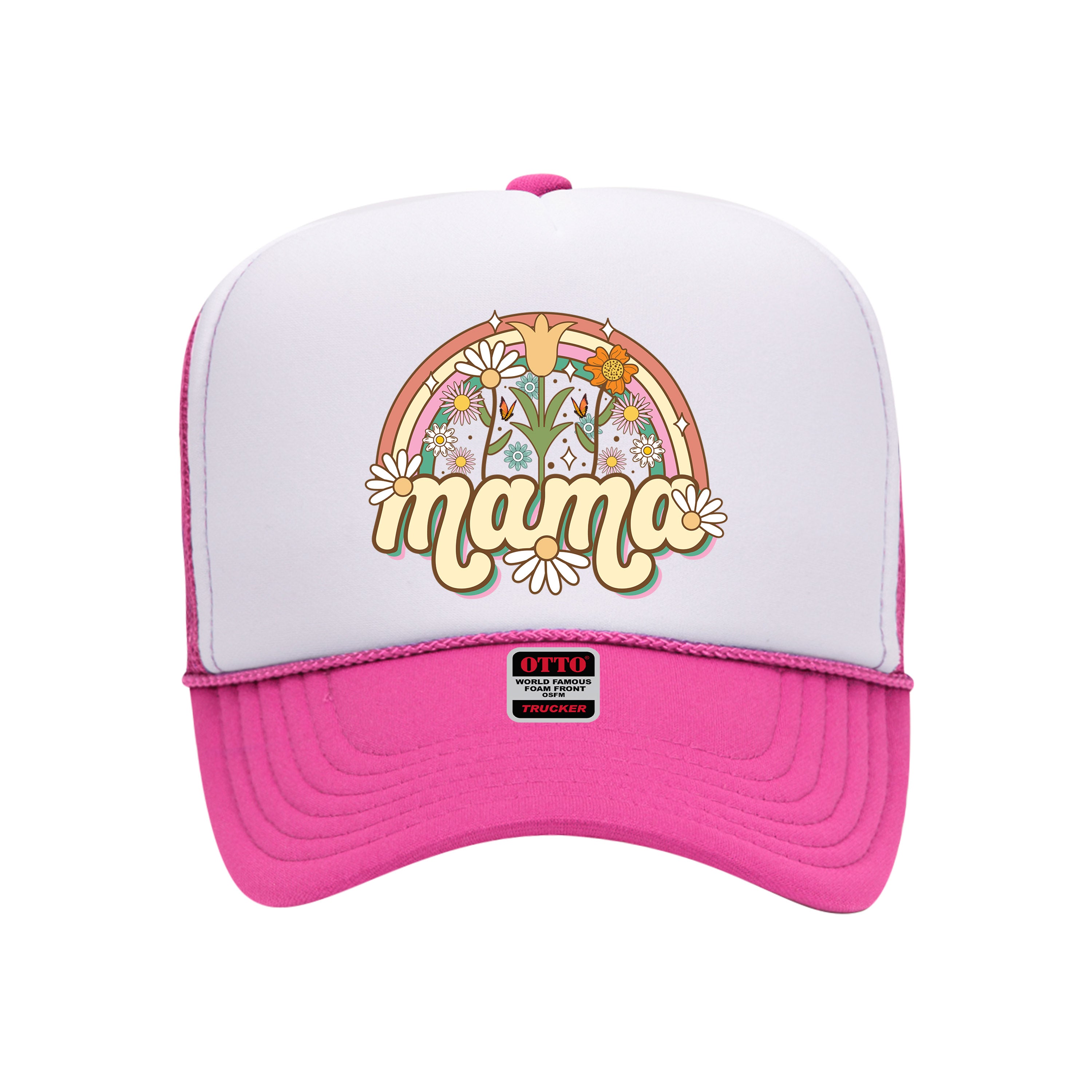 Hot Pink foam trucker hat with white front panel printed with mama spring on it-DSY Lifestyle