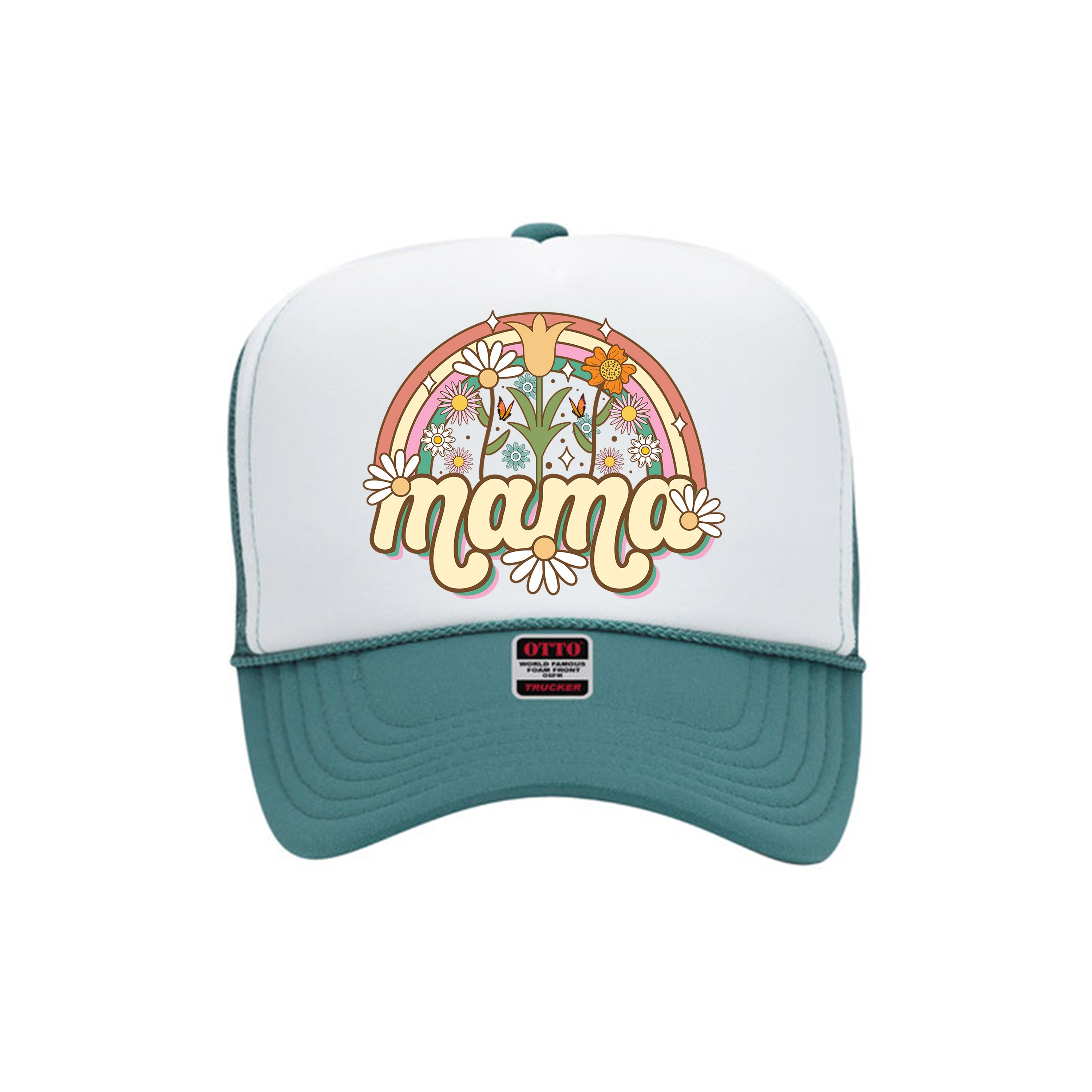 Jade foam trucker hat with white front panel printed with mama spring on it-DSY Lifestyle