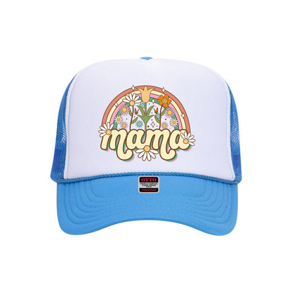 Blue foam trucker hat with white front panel printed with mama spring on it-DSY Lifestyle