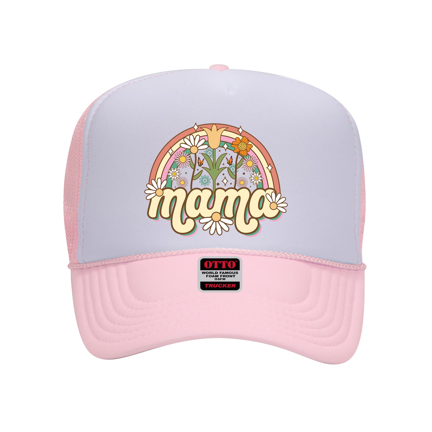 Light Pink foam trucker hat with white front panel printed with mama spring on it-DSY Lifestyle