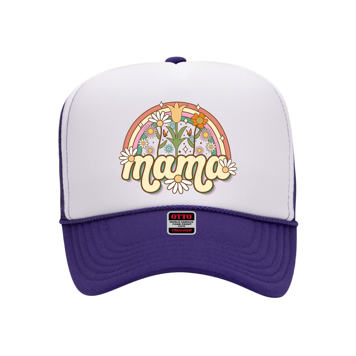 Purple foam trucker hat with white front panel printed with mama spring on it-DSY Lifestyle