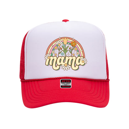 Red foam trucker hat with white front panel printed with mama spring on it-DSY Lifestyle