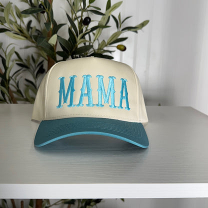 Aqua Mama Arched 5-Panel Two-Tone Spring Embroidered Baseball Cap with premium arched embroidery, a structured fit, and a chic two-tone design - DSY Lifestyle.
