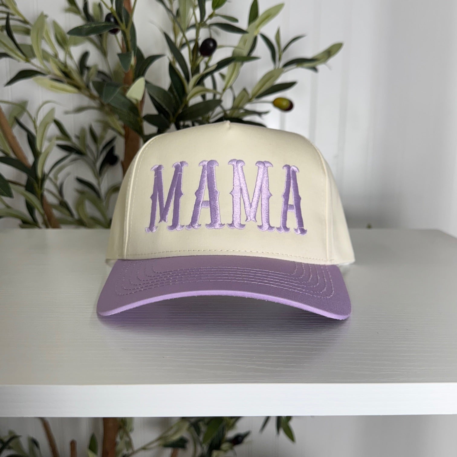 Lavender Mama Arched 5-Panel Two-Tone Spring Embroidered Baseball Cap with premium arched embroidery, a structured fit, and a chic two-tone design - DSY Lifestyle.