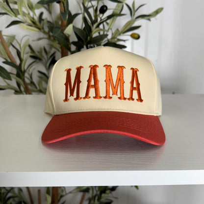 Orange Mama Arched 5-Panel Two-Tone Spring Embroidered Baseball Cap with premium arched embroidery, a structured fit, and a chic two-tone design - DSY Lifestyle.