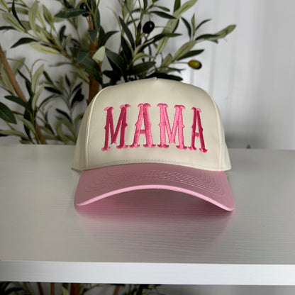 Pink Mama Arched 5-Panel Two-Tone Spring Embroidered Baseball Cap with premium arched embroidery, a structured fit, and a chic two-tone design - DSY Lifestyle.