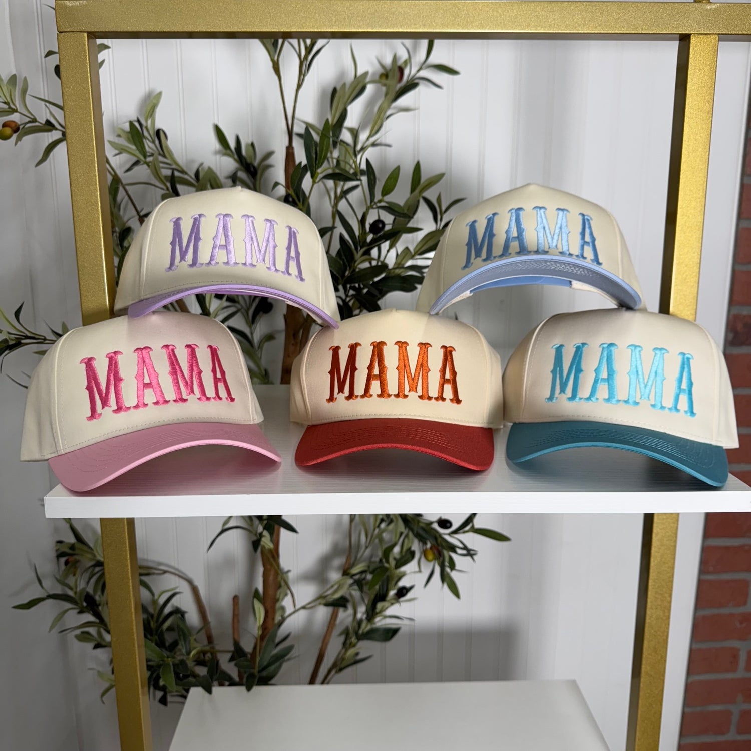 Set of Mama Arched 5-Panel Two-Tone Spring Embroidered Baseball Caps with premium arched embroidery, a structured fit, and a chic two-tone design - DSY Lifestyle.