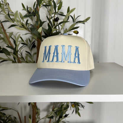 Sky Blue Mama Arched 5-Panel Two-Tone Spring Embroidered Baseball Cap with premium arched embroidery, a structured fit, and a chic two-tone design - DSY Lifestyle.