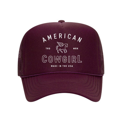 Maroon foam trucker hat embroidered with the phrase american cowgirl on it- DSY Lifestyle