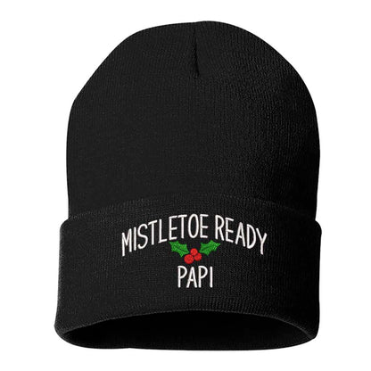 A cozy knit black beanie embroidered with &quot;Mistletoe Ready, Papi,&quot; perfect for flirty Spanglish holiday vibes and festive winter outfits - DSY Lifestyle