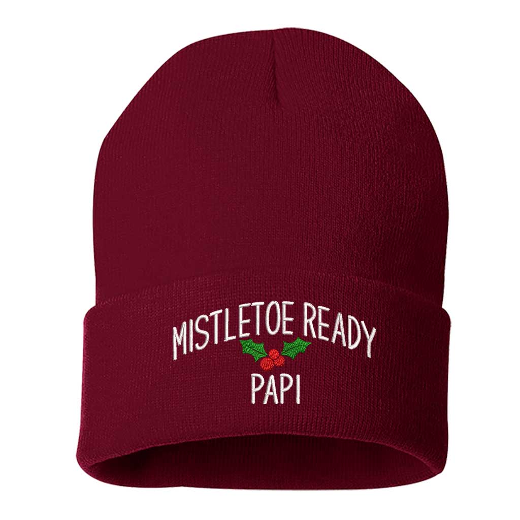 A cozy knit Burgundy beanie embroidered with &quot;Mistletoe Ready, Papi,&quot; perfect for flirty Spanglish holiday vibes and festive winter outfits - DSY Lifestyle