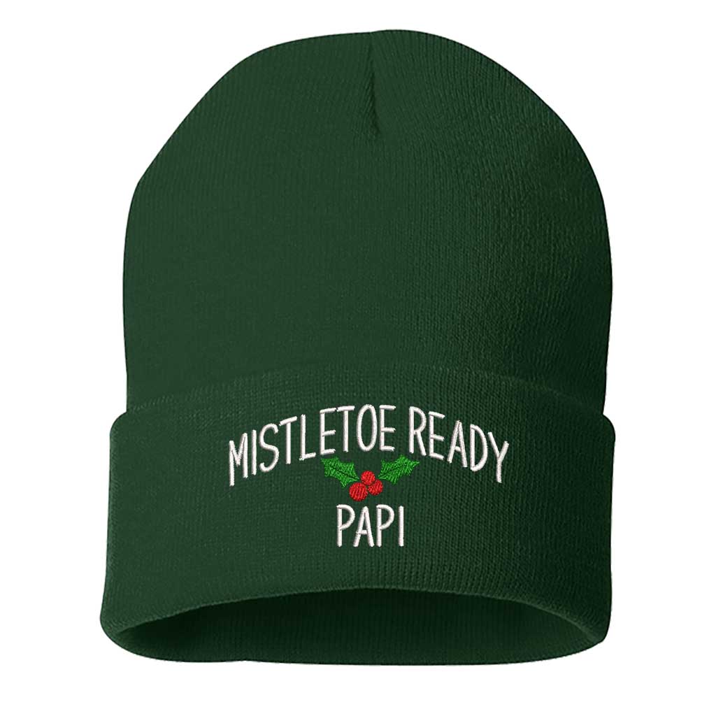 A cozy knit Green beanie embroidered with &quot;Mistletoe Ready, Papi,&quot; perfect for flirty Spanglish holiday vibes and festive winter outfits - DSY Lifestyle