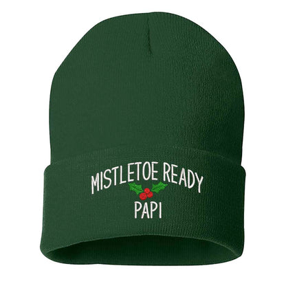 A cozy knit Green beanie embroidered with &quot;Mistletoe Ready, Papi,&quot; perfect for flirty Spanglish holiday vibes and festive winter outfits - DSY Lifestyle